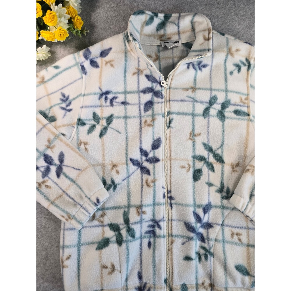 Vintage Alfred Dunner Womens Small Fleece Jacket Zip Up Floral Leaf Plaid S